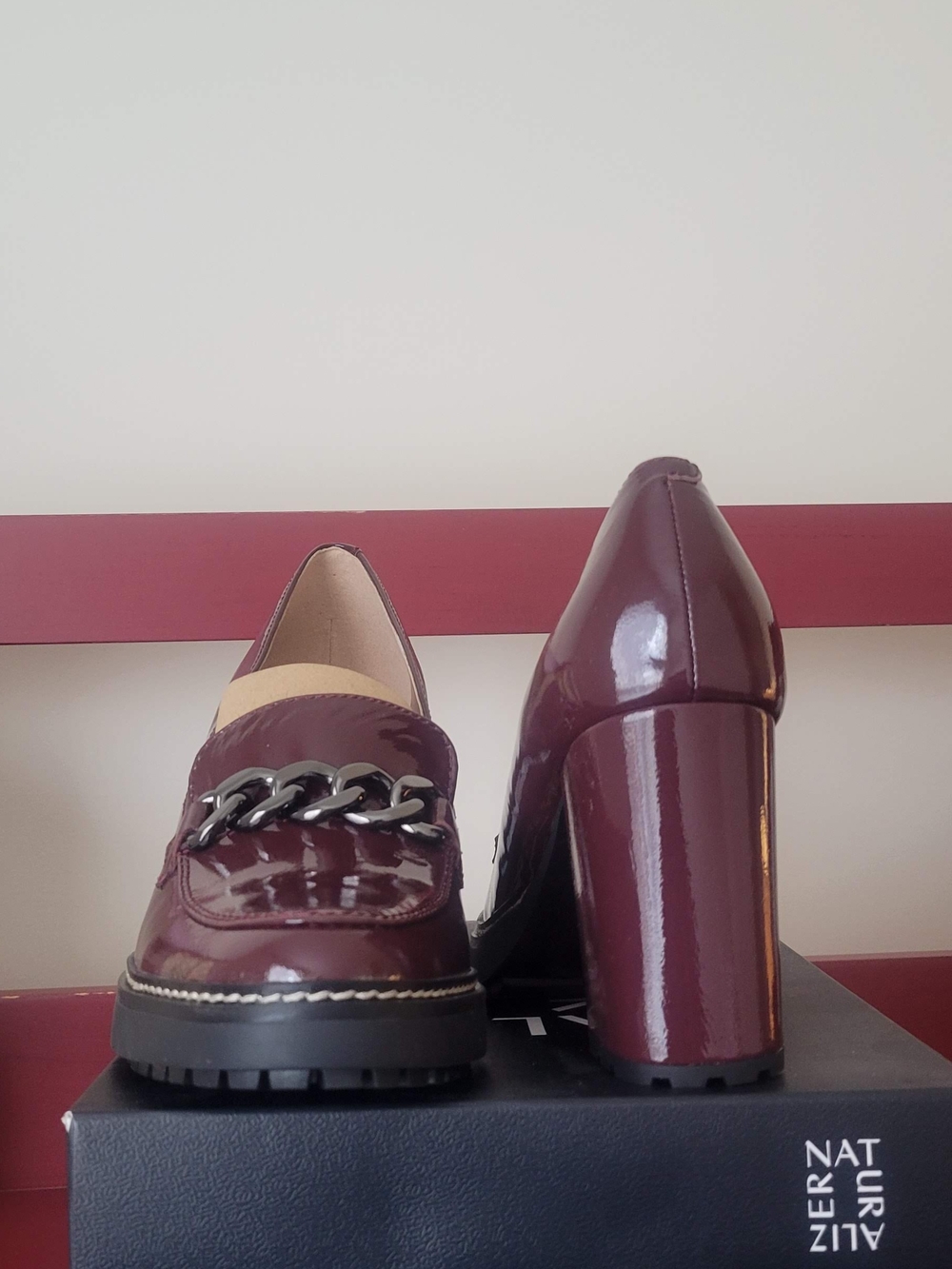 Naturalizer Burgundy Patent Chain-Trim Block Heel Loafer